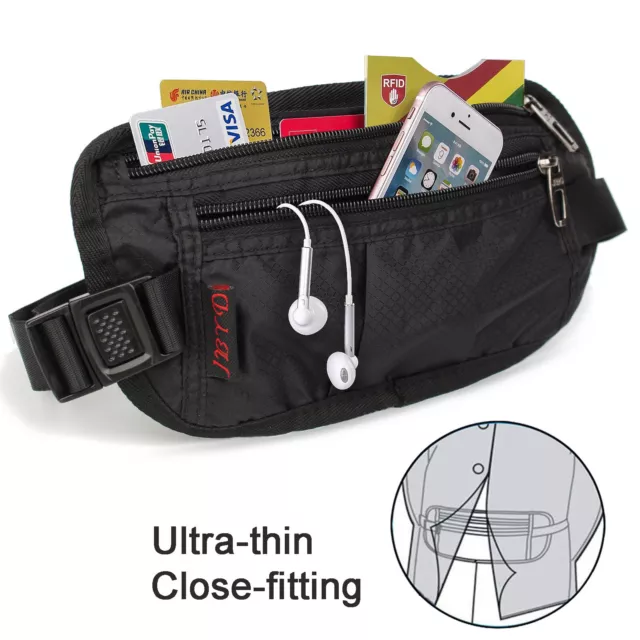 RFID Blocking Travel Money Belt - Waterproof Security Waist Wallet Passport Bag