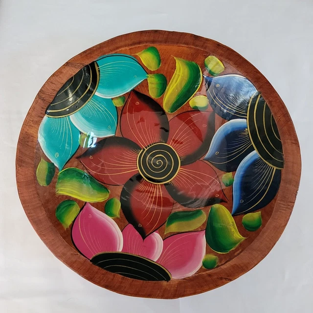 Hand Painted Wooden Bowl ~ Lacquered~ 11.5" across X 2.5" tall