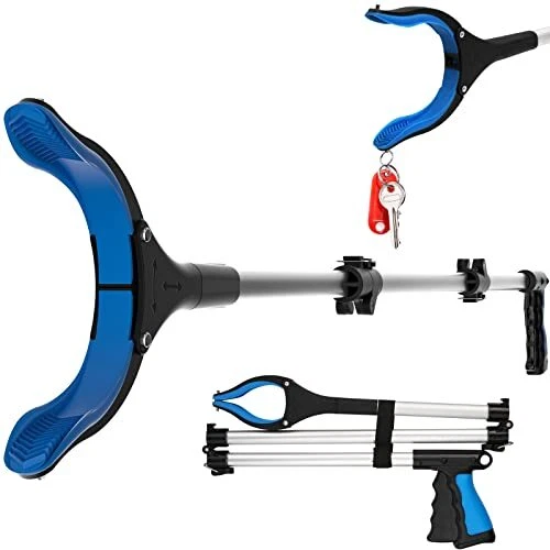 Herramienta de agarre plegable Reacher de 43"" de largo alcance con mandíbula giratoria azul