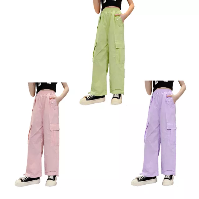 Pantaloni Ragazze Pantaloni Corsa Tasche Pantaloni Felpa Traccia Allenamento Vita Casual 2