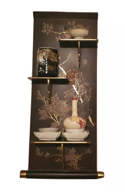 19 C. Chinese Export Pair Hand Painted Black Gold Lacquered Folding Wall Shelves 3