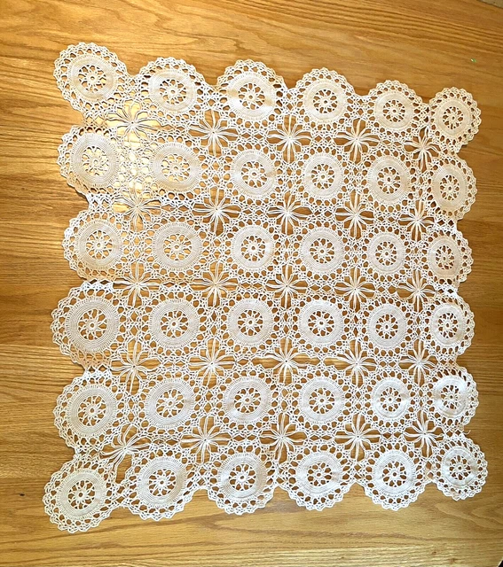 Vintage Handmade Crochet Square Cotton Lace Tablecloth 31”x 31” Beige