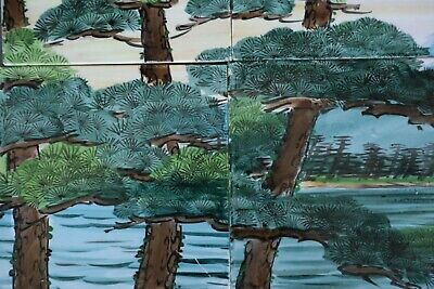 9 Pc Vintage Natural Lake Shore Scenery Design F.M Fish Mark Ceramic Tiles,Japan 3