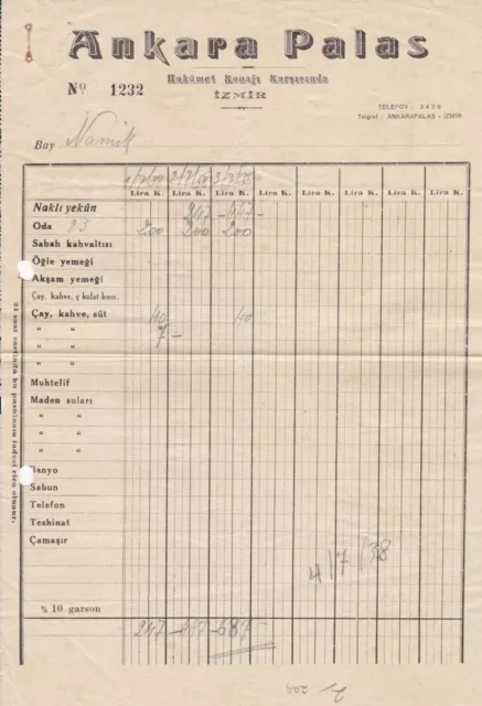 Turkey - Izmir Ankara Palas Hotel Letterhead 1938