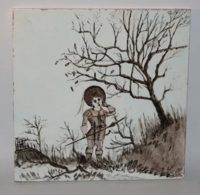 Minton - Antique Hand Painted 8" Tile - Pixie with Spear - c1880