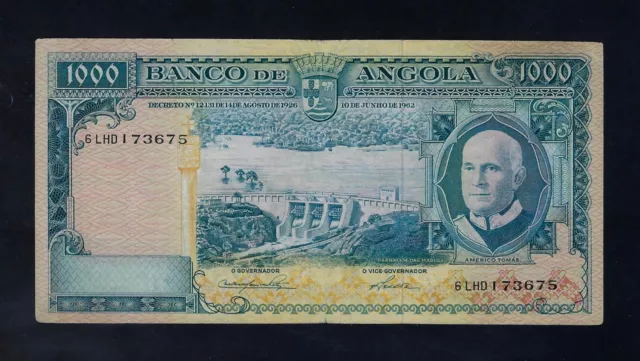 Portugal Angola 1000 Escudos 1962 P-96 rare date , note similar to P-98