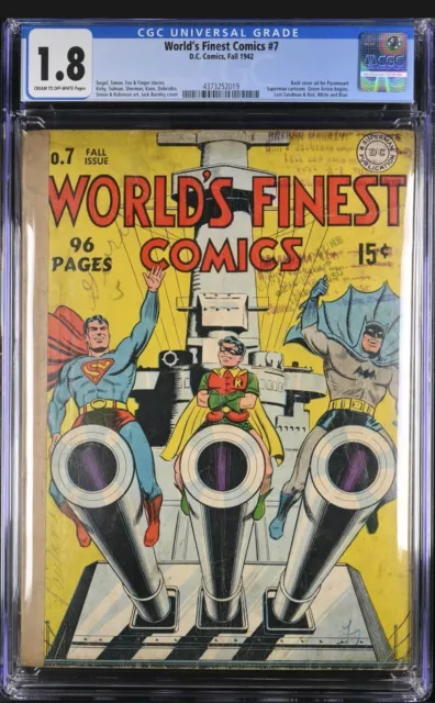 World's Finest Comics #7 CGC 1.8 (1942) Batman Superman Robin Sandman App DC GD-