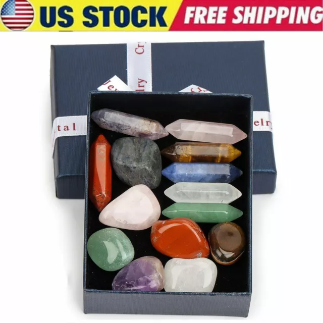 14Pc Chakra Natural Gem Stone Set Single Point Healing Wand Reiki Quartz Crystal