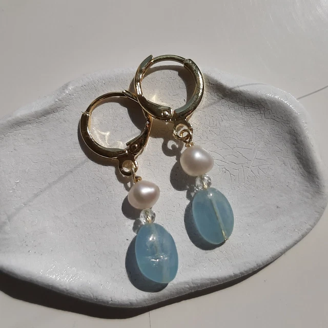 Boucles D'oreilles Dormeuses Créoles Avec Perles De Culture Et Pierres Cyanite/topaze - Neuf Avec étiquettes