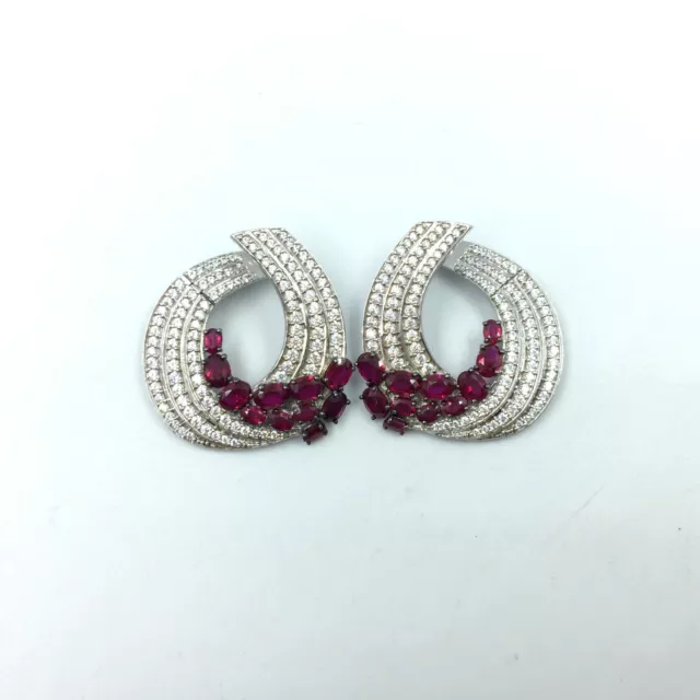 Vivid Pink Oval Shape Ruby & White Cubic Zirconia Floral Design Silver Earrings