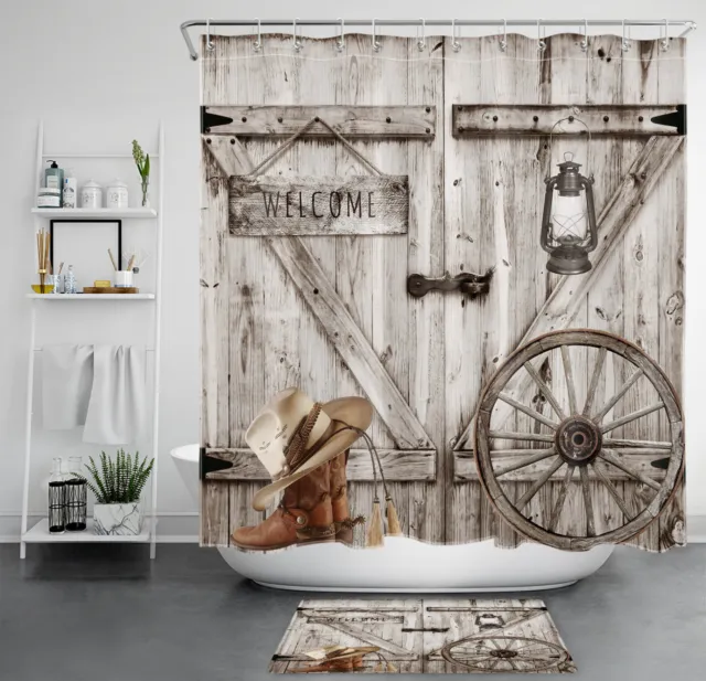 Western Cowboy Hat Rustic Wood Barn Door Shower Curtain Set for Bathroom Decor