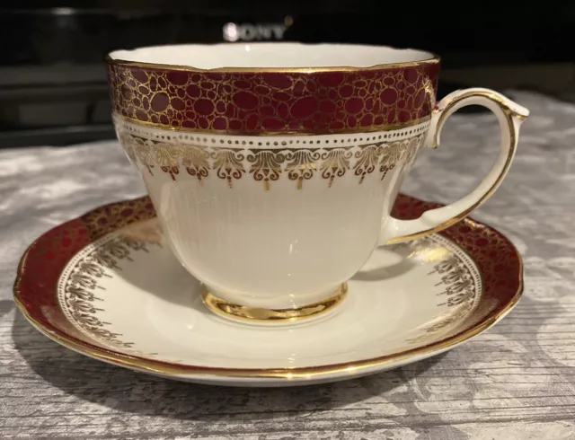 Duchess Bone China Winchester Burgundy & White Tea Cup & Saucer. Vintage