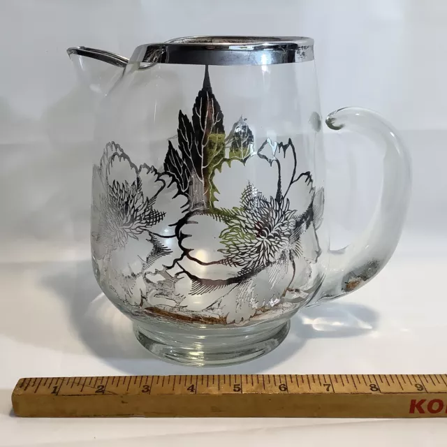 Vintage MCM Silver Overlay Flowers Clear Glass PITCHER Water Lemonade Etc VGUC