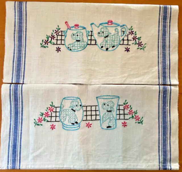 Vintage Blue Striped Dish Tea Towels Poodles Dogs Embroidered Unused Large