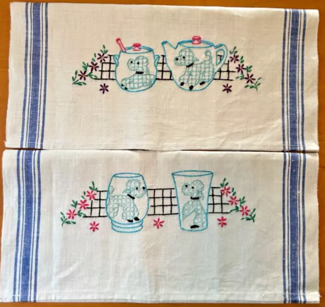 Vintage Blue Striped Dish Tea Towels Poodles Dogs Embroidered Unused Large