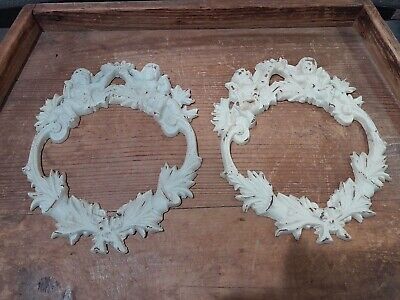 Pair Victorian Style Cast Ornate Metal Round Cherub Picture Frames /Wall Hanging
