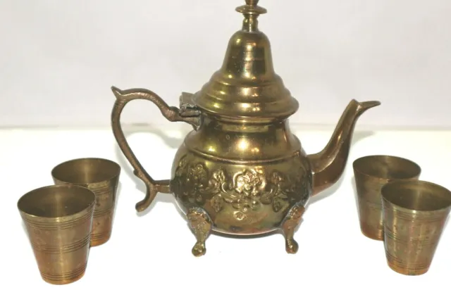 Vintage Moroccan Teapot & Cups Moroccan Embossed 1950s Set