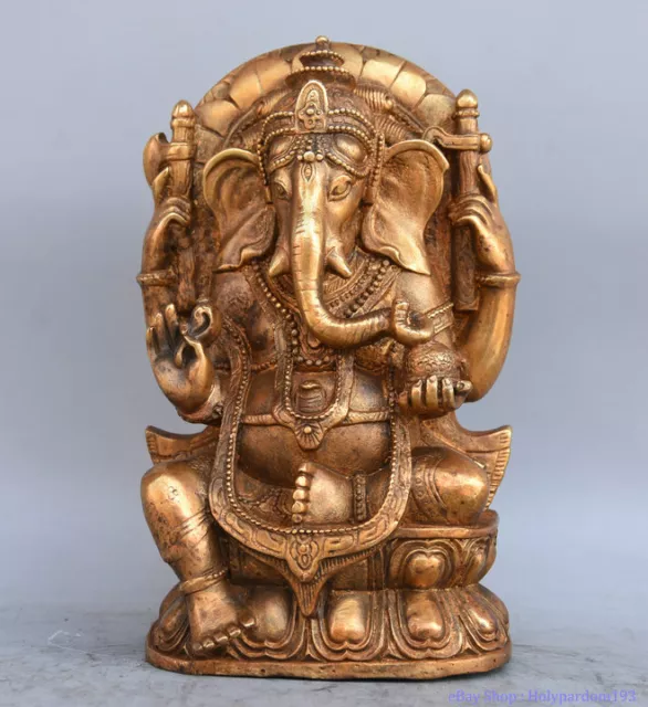 8" Chinese Bronze Gild 4 Arms Ganesh Lord Ganesha Elephant God Buddha Sculpture