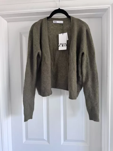 BNWT Zara Size M Alpaca Wool Blend Khaki Green Ribbed Cardigan Jumper Soft New