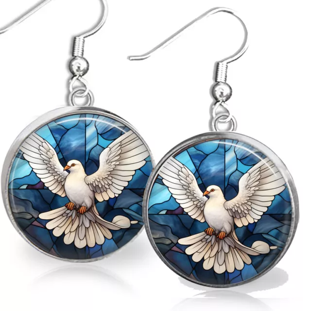 Symbol of Peace Bird Dove Dangle .925 Dangle Earrings Faux Stained Glass