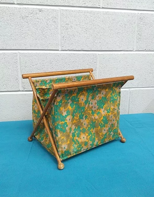 Vintage Floral Wood Framed Folding Stand Knitting Sewing Crafting Bag Basket