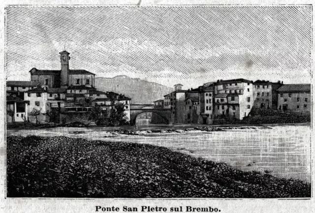 Ponte San Pietro e fiume Brembo. Bergamo. Stampa antica + passepartout. 1889 2