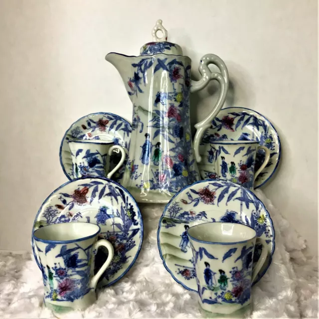 Vintage Chocolate Pot/Tea Pot 4 Demitasse Cups And Saucers Blue And White Geisha