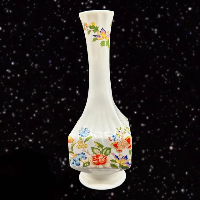 AYNSLEY BONE CHINA Cottage Garden Butterfly Bud Vase England Porcelain 7”T 3