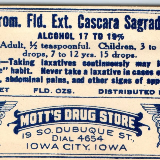 c1950s Iowa City, IA Mott's Drug Store Bottle Label Cascara Sagrada Pharmacy C34