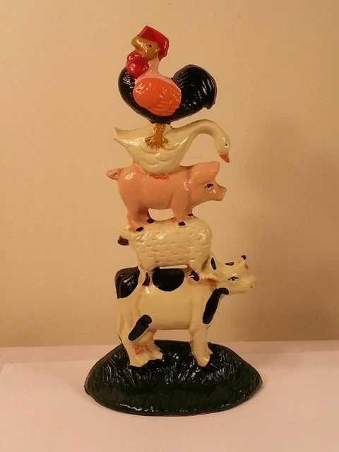 Cast Iron Door Stop. Farm Animals Stacked Rooster, Swan, Pig, Lamb, Cow