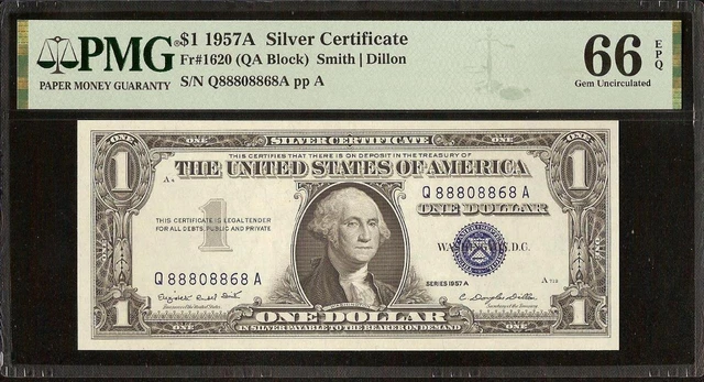 1957A $1 Dollar Bill Near Solid 88808868 Sn Silver Certificate Note Pmg 66 Epq 2
