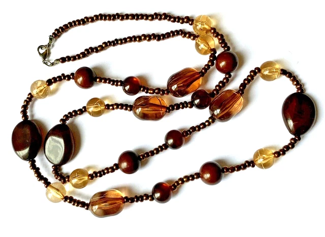 Sautoir Et Collier Noisette - Perles De Verre Et Résine, Marron, Neuf Sans Emballage, Style Bohème