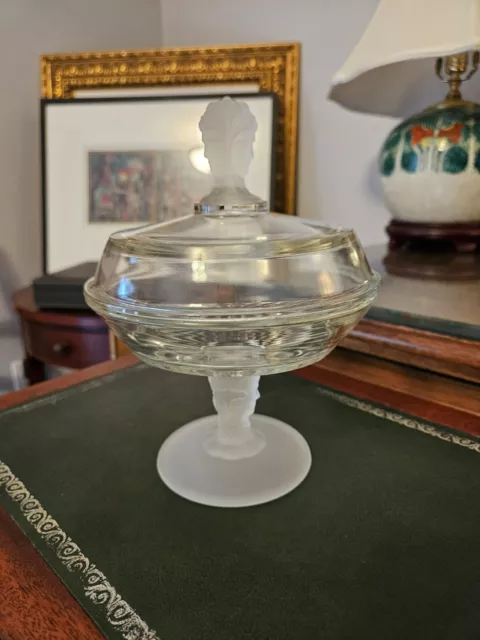 Vintage EAPG Duncan Miller Three Sisters Covered Compote Clear & Frosted 8"by 6"