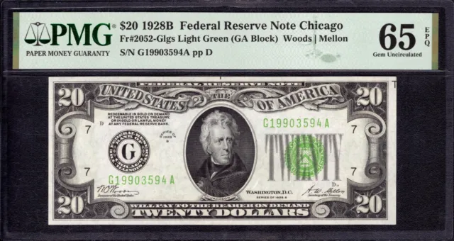 1928 B $20 Federal Reserve Note Chicago Light Green Seal Fr.2052-G Pmg 65 Epq