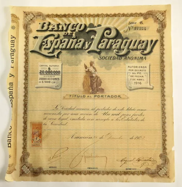 Stock Certificate - Banco De España Y Paraguay 1000 Pesos Fuertes - 1922