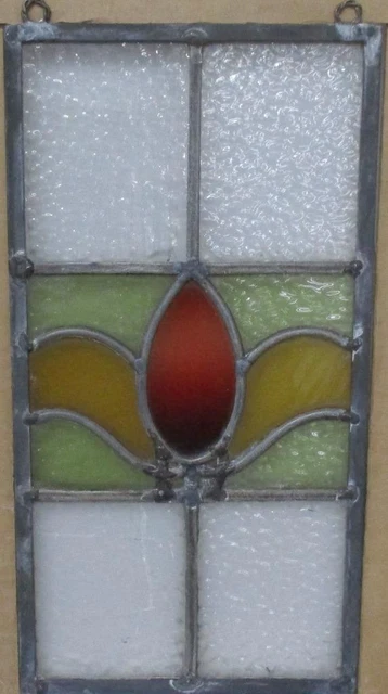 OLD ENGLISH LEADED STAINED GLASS WINDOW Unframed w Hooks Cute Floral 7.5" x 15"