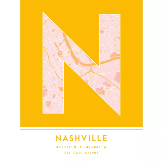 Nashville Tennessee�United States City Map Typography Unframed Wall Art 18x24 In