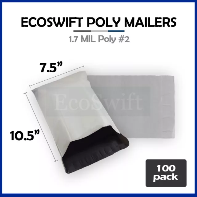 100 7.5 x10.5 EcoSwift White Poly Mailer Shipping Envelope Self Seal Bags 1.7MIL