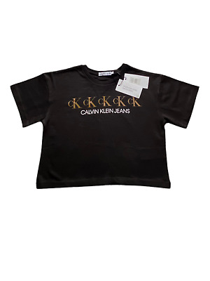 Calvin Klein Crop Top T-shirt Nero Per Ragazze Manica Corta Misura 6 Regno Unito NUOVO LOGO FOIL
