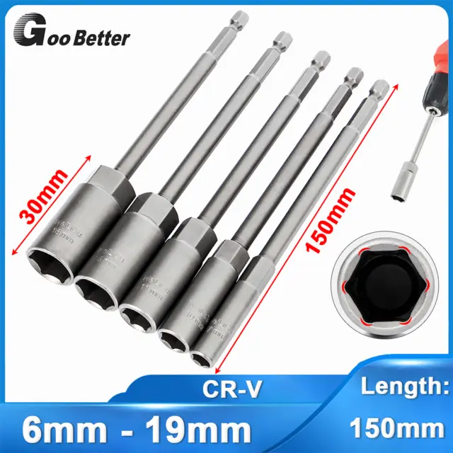 6mm-19mm Extra Deep Hex Nut Driver Bit Socket Impact Drill Bits 1/4" Hex Shank