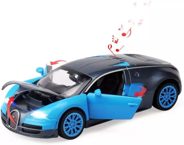 Bugatti Veyron Diecast Car Toy 1:32 Blue Alloy Model LED Light Music Kids Gift