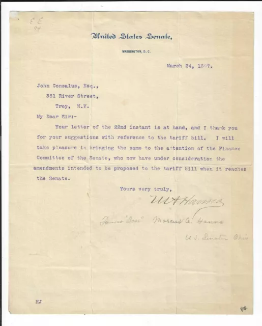 Mark Hanna Signed Letter 1897 / Autographed Ohio Senator / Dingley Act Tarriffs