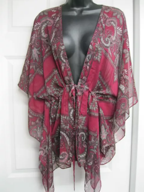 INC gorgeous wine paisley fly-away front tie top batwing sleeves NWT Sz 12