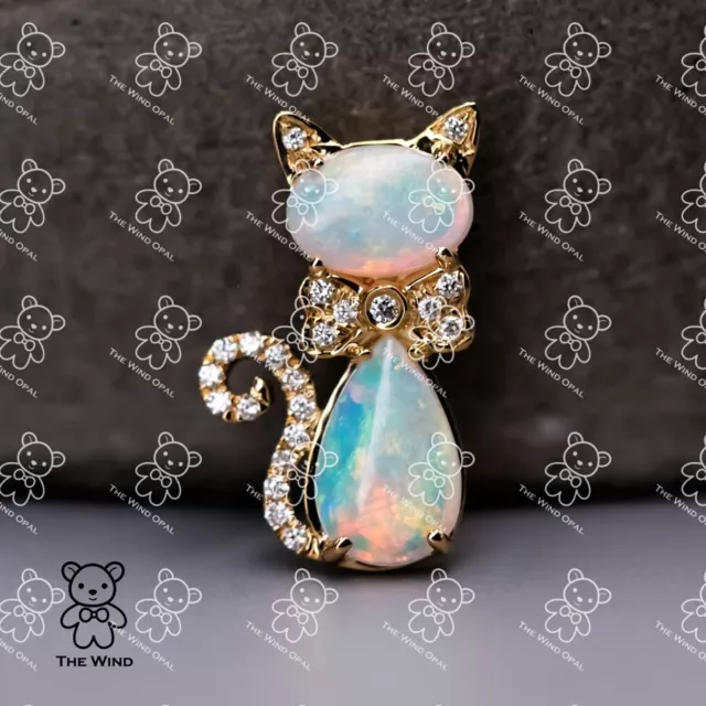 Adorable Chat Australien Solide Opale Pendentif Diamant Collier 14k or Jaune
