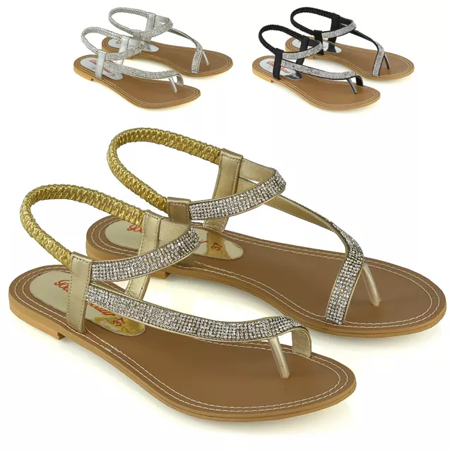 Womens Slingback Strappy Sandals Ladies Flat Sparkly Diamante Shoes Toe Post 3-9