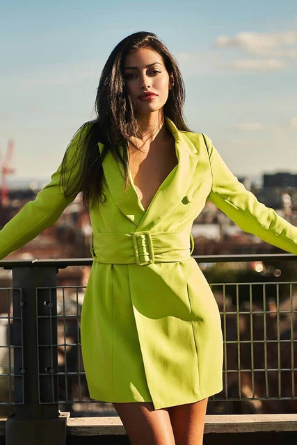 green emerald velvet dress Olive Green Pleated Belt Blazer Chic Dress