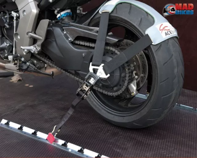 ACEBIKES TyreFix & Flexi Schiene Motorrad Transport Festzurren Ratsche Riemensystem