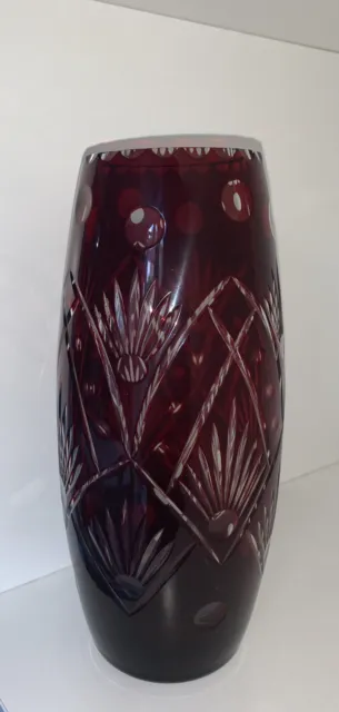 Vintage Bohemian Cut To Clear Ruby Red Crystal Glass Vase 25cm