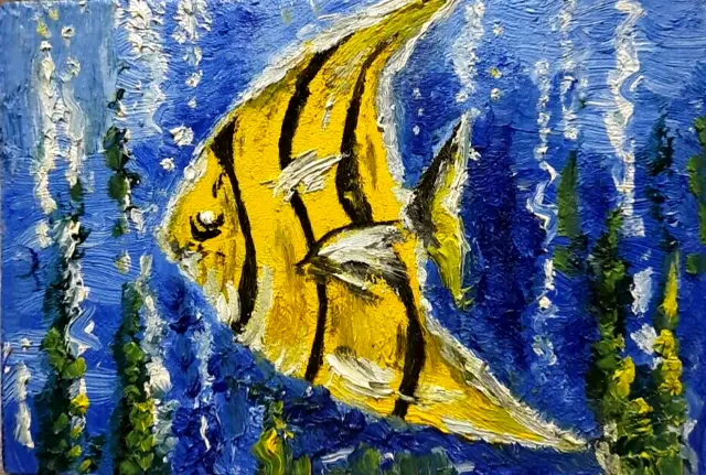Oil painting.Exotic fish in the ocean.Modern stylish wall mini art 6x4".