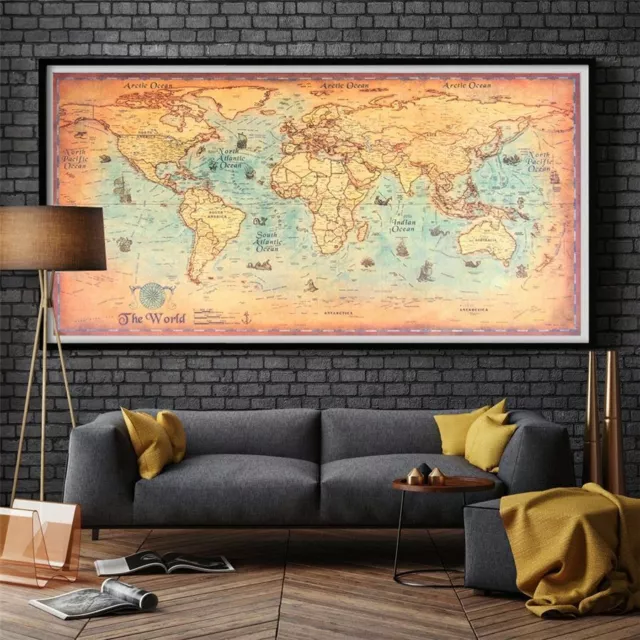 Vintage World Map Nautical Ocean Sea Retro Old Painting Home Decor Wall Poster